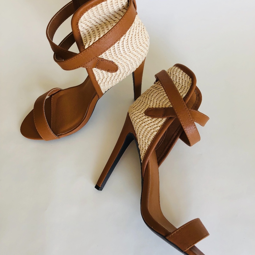 VENUS Raffia Detail Heel Camel Faux Leather NEW